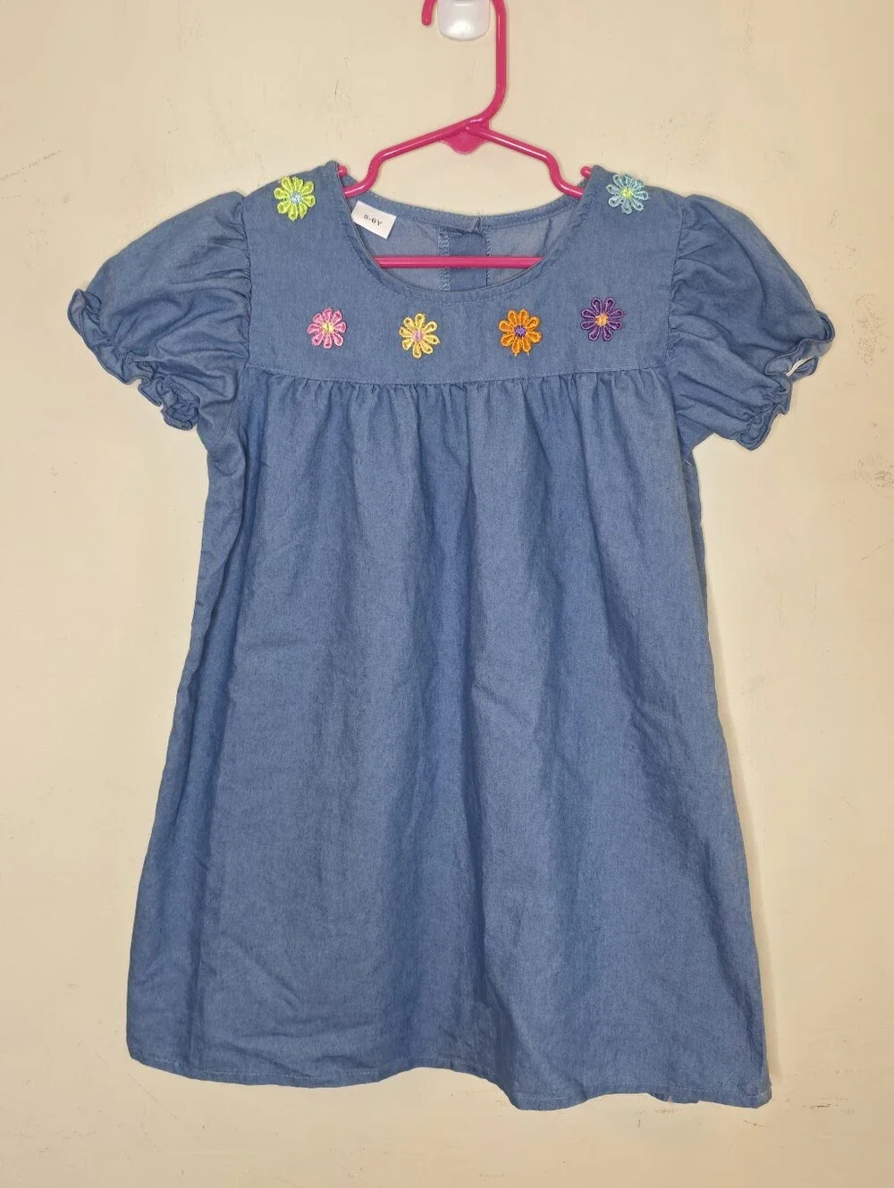 Girls Chambray Flower Embroidered Puff Sleeve Dress Blue 5-6Y Cottagecore